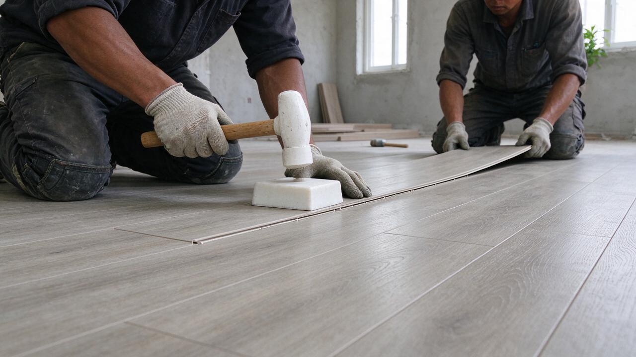 Bước 4: Bắt đầu lắp đặt tấm sàn nhựa SPC theo hèm khóa